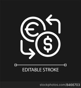 Currency exchange pixel perfect white linear ui icon for dark theme. Financial operation. Vector line pictogram. Isolated user interface symbol for night mode. Editable stroke. Arial font used. Currency exchange pixel perfect white linear ui icon for dark theme