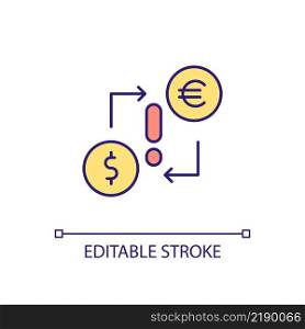 Currency exchange risks RGB color icon. Financial danger. Banking procedure. Dollar to euro. Isolated vector illustration. Simple filled line drawing. Editable stroke. Arial font used. Currency exchange risks RGB color icon