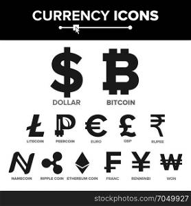 Currency Icon Sign Set Vector. Money. Famous World Currency Cryptography. Finance Illustration. Bitcoin, Litecoin, Peercoin, Ripple Coin, Etherum, Dollar, Euro, GBP, Rupee, Franc, Renminbi Yuan, Won. Currency Icon Sign Set Vector. Famous World Currency Cryptography. Finance Illustration. Bitcoin, Litecoin, Peercoin, Ripple Coin, Etherum, Dollar, Euro, GBP Rupee Franc Renminbi Yuan Won