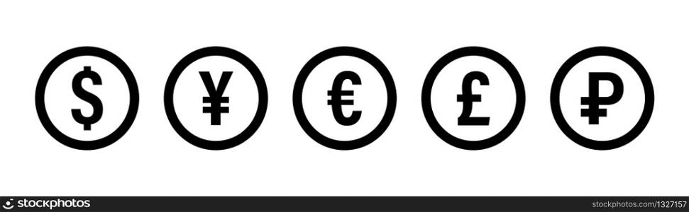 Currency icon. Vector isolated icons or signs. Dollar yuan euro pound publes signs or symbols. Finance, business currency exchange. Money currency icon. Black vector currency elements. EPS 10