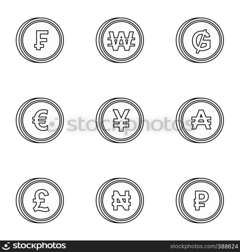 Currency icons set. Outline illustration of 9 currency vector icons for web. Currency icons set, outline style