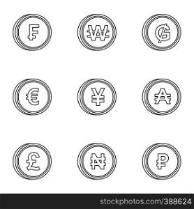 Currency icons set. Outline illustration of 9 currency vector icons for web. Currency icons set, outline style