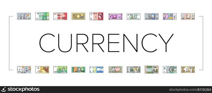 Currency International Finance Icons Set Vector. Pound Sterling And Dollar, Hryvnia And Indian Rupee, Jordian And Bahraini Dinar, Shekel And Omani Rial Worldwide Currency Color Illustrations. Currency International Finance Icons Set Vector