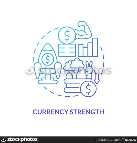 Currency strength blue gradient concept icon. Financial system. Economic indicators example abstract idea thin line illustration. Isolated outline drawing. Myriad Pro-Bold font used. Currency strength blue gradient concept icon