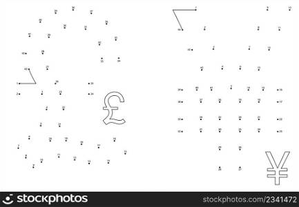 Currency Symbol Connect The Dots, Pound And Yen, ?, ?, Vector Art Illustration, Puzzle Game Containing A Sequence Of Numbered Dots