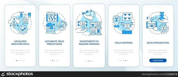 Current farming trends blue onboarding mobile app screen. Industry walkthrough 5 steps graphic instructions pages with linear concepts. UI, UX, GUI template. Myriad Pro-Bold, Regular fonts used. Current farming trends blue onboarding mobile app screen