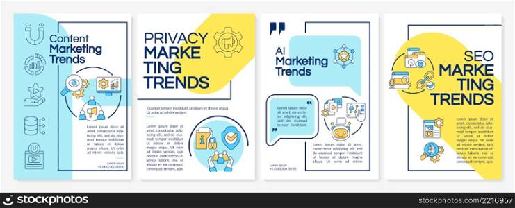 Current marketing trends blue and yellow brochure template. Leaflet design with linear icons. 4 vector layouts for presentation, annual reports. Questrial-Regular, Lato-Regular fonts used. Current marketing trends blue and yellow brochure template