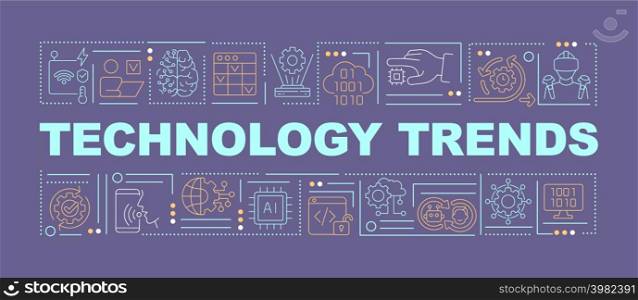 Current trends in technology word concepts purple banner. Digital industry. Infographics with icons on color background. Isolated typography. Vector illustration with text. Arial-Black font used. Current trends in technology word concepts purple banner