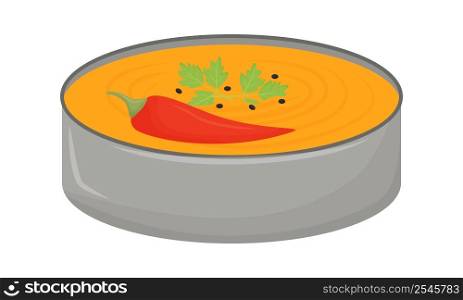Curry soup in bowl semi flat color vector element. Full sized object on white. Course with hot pepper and parsley. Savoury soup simple cartoon style illustration for web graphic design and animation. Curry soup in bowl semi flat color vector element
