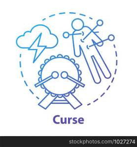 Curse concept icon. Occultism and witchcraft idea thin line illustration. Black magic, death spell, supernatural ritual. Voodoo doll with needles, drum and storm cloud vector isolated outline drawing