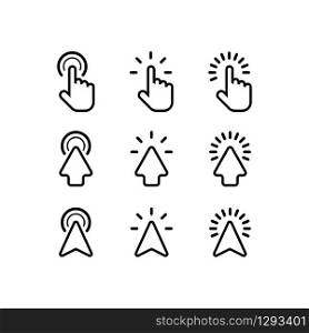Cursor arrows and computer mouses with clicking. Cursor icons. Arrows click vector icons. Mouse click cursor collection. Concept clicking. Pointer cursor mouse. Vector illustration