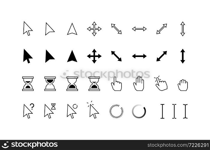 Cursor icons. Classic pointer arrows, hourglass and hands with click hold and point state, computer mouse web buttons. Vector graphic pointers set for internet technology, click in window shape. Cursor icons. Classic pointer arrows, hourglass and hands with click hold and point state, computer mouse web buttons. Vector graphic set