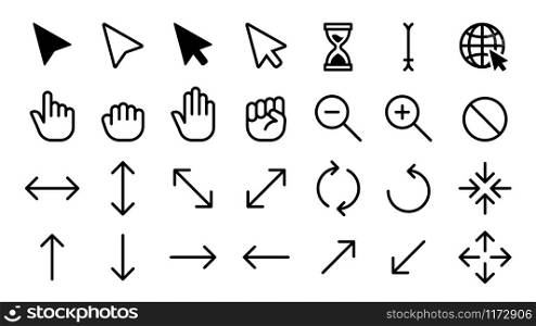 Cursor icons. Web internet scale arrow clicking computer pointer, hand mouse cursors. Static and dynamic click cursor buttons, point and selection tools isolated vector icons set. Cursor icons. Web internet scale arrow clicking computer pointer, hand mouse cursors. Static and dynamic click cursor buttons isolated vector set