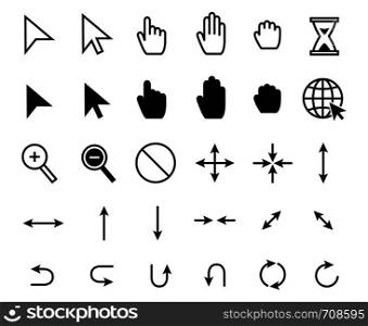 Cursor icons. Web pointer clicking, scale arrow and magnifier icon. Grab hand, pointing arrows and hourglass loading. Click cursor button, mouse pointer arrow. Vector isolated symbols set. Cursor icons. Web pointer clicking, scale arrow and magnifier icon. Grab hand, pointing arrows and hourglass loading vector set
