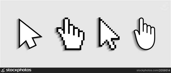 Cursor of mouse pointer for click. Hand icon from pixels. Arrow, finger for web, computer and internet navigation. Digital graphic symbol for link of www. Sign for button on screen of website. Vector.