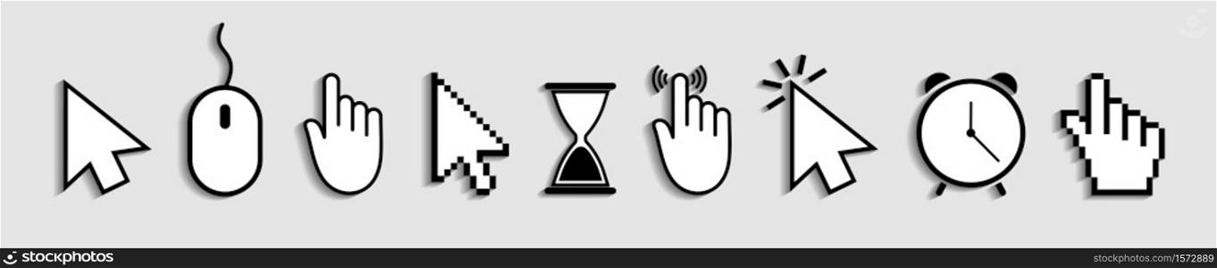 Cursor of mouse with arrow, hand and hourglass. Icons of click for web and computer. Finger of pointer for website. Symbol of internet link and press to button. Set of logos for navigation. Vector.. Cursor of mouse with arrow, hand and hourglass. Icons of click for web and computer. Finger of pointer for website. Symbol of internet link and press to button. Set of logos for navigation. Vector