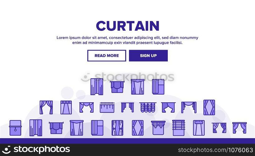 Curtain Landing Web Page Header Banner Template Vector. Decoration Of Room And Theater Satin And Fabric Curtain And Louvers Illustration. Curtain Landing Header Vector
