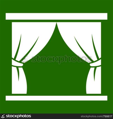 Curtain on stage icon white isolated on green background. Vector illustration. Curtain on stage icon green