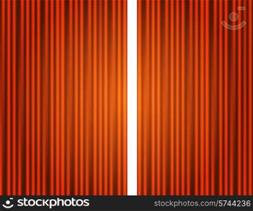 Curtain orange closed, open with light spots in a theater