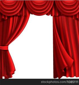 Curtain with drape stage. Theatre fabric red curtains with elegant decor drapes for entertainment vector template