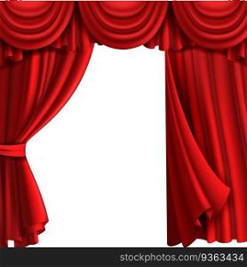 Curtain with drape stage. Theatre fabric red curtains with elegant decor drapes for entertainment vintage victorian styled 3d vector template. Curtain with drape stage. Theatre fabric red curtains with elegant decor drapes for entertainment vector template