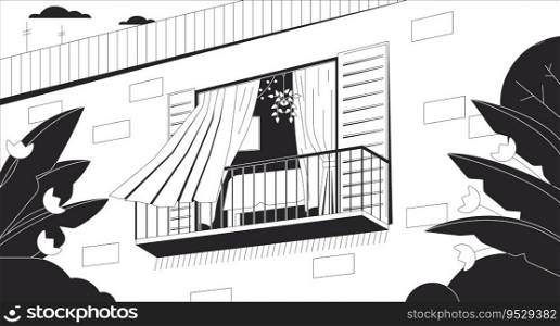 Curtains blowing in wind from opened window black and white chill lo fi background. Balcony outline 2D vector cartoon exterior illustration, monochromatic lofi wallpaper desktop. Bw 90s retro art. Curtains blowing in wind from opened window black and white chill lo fi background