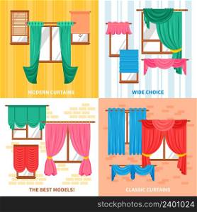 Curtains for windows 2x2 design concept set with wide choice of classic and modern models flat vector illustration . Curtains For Windows 2x2 Design Concept