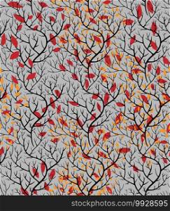 Curved branches with dry leaves, autumn twigs in forest or woods. Fall season flora, deciduous branchlet seamless pattern. Yellow and red autumnal flora. Background or print, vector in flat style. Autumn branches with dry leaves twigs seamless pattern