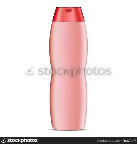 Curved shape cosmetic bottle mockup for shampoo, conditioner or shower gel. Color plastic realistic vector 3d illustration of cosmetics package with rose lid. Clear blank template for your design.. Curved shape cosmetic bottle mockup for shampoo