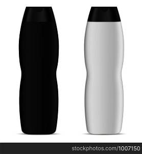 Curved shape cosmetic bottles set mockup for shampoo, conditioner or shower gel. Black and white plastic realistic vector 3d illustration of cosmetics packaging. Clear blank template for your design.. Curved shape cosmetic bottles set mockup. Vector