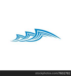 Curved water waves isolated sea or ocean splashes. Vector storm icon, surf or stream. Blue waves isolated storm or surf icon