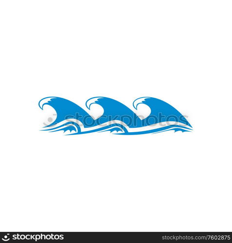 Curved water waves isolated sea or ocean splashes. Vector storm icon, surf or stream. Blue waves isolated storm or surf icon