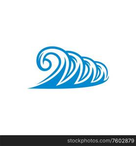 Curved water waves isolated sea or ocean splashes. Vector storm icon, surf or stream. Blue waves isolated storm or surf icon