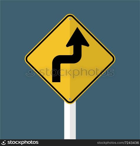 Curves ahead Right Traffic Road Sign isolated on grey sky background,vector illustration EPS 10