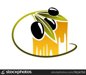 Curving green leafy twigs with three black olives over golden dripping olive oil, cartoon illustration isolated on white. Olives with golden dripping olive oil