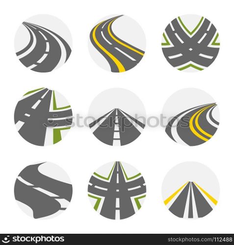 Curving Road Vector Set. Curving Road Vector Set. Roads Logo Set In Grey Colour With Isolated Curvy Suburban Roads Images With Fork Turns
