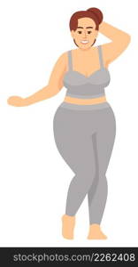 Curvy female model posing in sportswear semi flat RGB color vector illustration. Self-acceptance. Person promoting body positivity approach isolated cartoon character on white background. Curvy female model posing in sportswear semi flat RGB color vector illustration