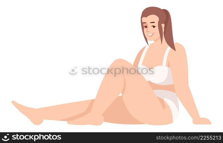 Curvy female model posing in underwear semi flat RGB color vector illustration. Self-acceptance. Person promoting body positivity approach isolated cartoon character on white background. Curvy female model posing in underwear semi flat RGB color vector illustration