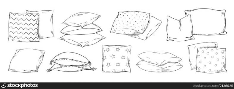 Cushion drawing. Doodle home bedroom soft pillows. Cozy hand drawn feather orthopedic bedding lay in stack. Interior comfortable sketch elements. Vector isolated textile sleeping accessories set. Cushion drawing. Doodle home bedroom pillows. Cozy hand drawn feather orthopedic bedding lay in stack. Interior comfortable sketch elements. Vector textile sleeping accessories set