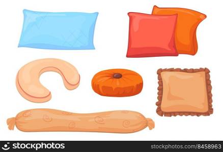 Cushions for coaches set. Colorful cartoon, pillows for bed, different shapes and sizes isolated on white. Vector illustration for home decor, fabric for interior design concept
