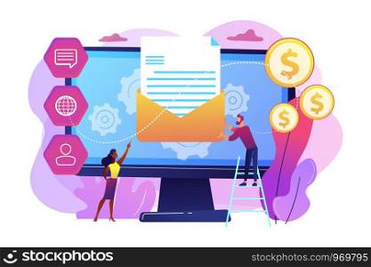 Cusromer receiving automated marketing message, tiny people. Marketing automation system, automated advertise message, marketing dashboard concept. Bright vibrant violet vector isolated illustration. Marketing automation system concept vector illustration.