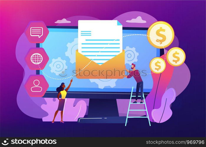 Cusromer receiving automated marketing message, tiny people. Marketing automation system, automated advertise message, marketing dashboard concept. Bright vibrant violet vector isolated illustration. Marketing automation system concept vector illustration.