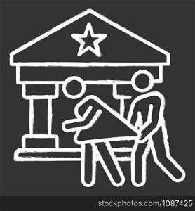 Custodial rape chalk icon. Women abuse of person in supervisory position. Violent behavior of authority, policeman. Sexual harassment, assault of female. Isolated vector chalkboard illustration