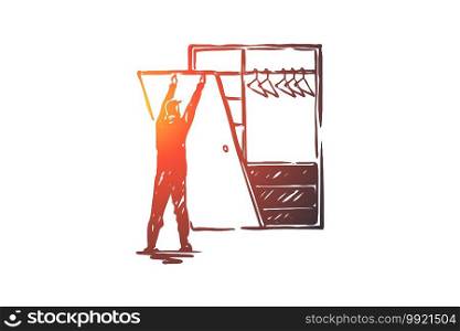 Custom, built-in, construction, work, create concept. Hand drawn man making cupboard concept sketch. Isolated vector illustration.. Custom, built-in, construction, work, create concept. Hand drawn isolated vector.