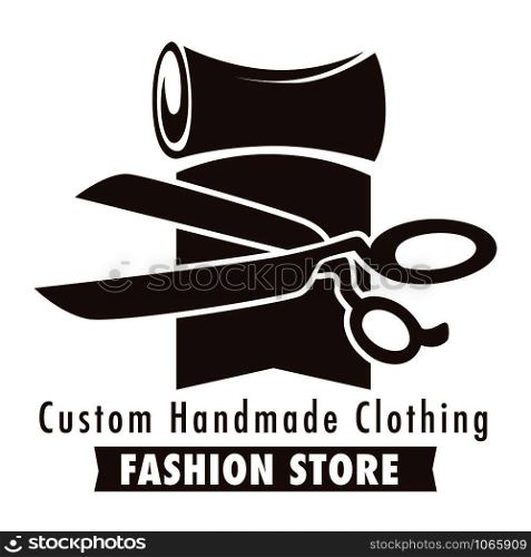 Custom handmade clothing fashion store logo, banner sketch with a roll of fabric, material and scissors, flat concept vector illustration on white background. Custom handmade clothing fashion store sketch with fabric and sc