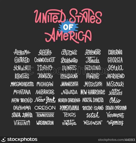 Custom lettering of the names of the American states, USA typography