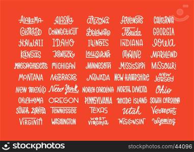 Custom lettering of the names of the American states, USA typography