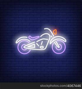 Custom motorcycle on brick background. Neon style illustration. Bikers club, motorcycle repair shop, motocross. Biker banner. For hobby, biker culture, transport concept