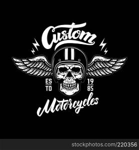 Custom motorcycles. Emblem template with skull in winged helmet. Design element for logo, label, sign, poster, t shirt. Vector illustration