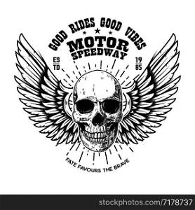 Custom motorcycles .Poster template with winged skull. Design element for poster, flyer, card, banner. Vector illustration